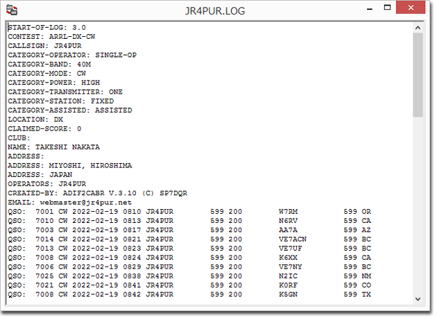 ARRL International DX Contest, CWのログをCabrillo形式で提出しました