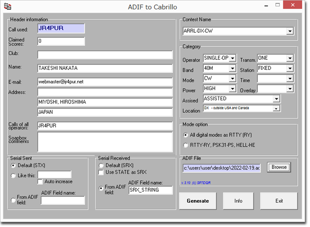 ARRL International DX Contest, CWのログをCabrillo形式で提出しました